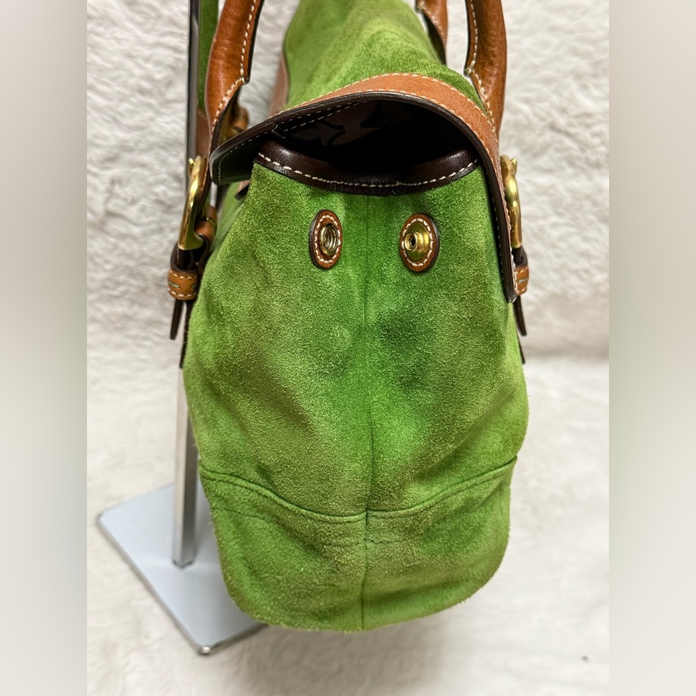 Coach Hampton Flap Satchel- Green Suede Shoulder Bag with Brown Leather Straps - Picture 5 of 14